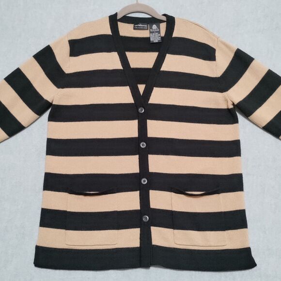 Liz Claiborne Large 100% Wool Knit Cardigan Sweater Button Front Neutral Stripes - Picture 5 of 15